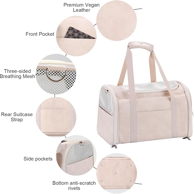 Lasaviin Fashion Leather Dog Carrier Cat Carrier Airline Approved Pet Carrier for Small Medium Dogs Cats Under 15Lbs, Collapsible Soft Sided Travel Puppy Carrier White