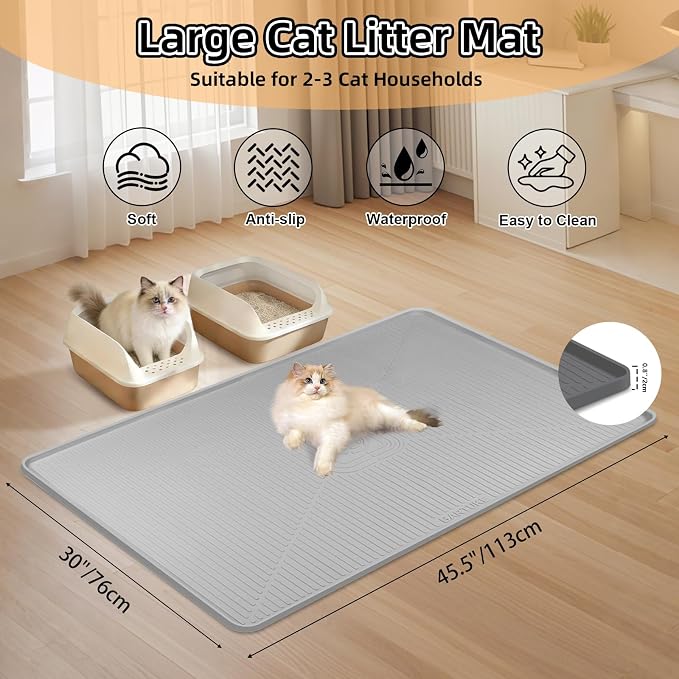 Silicone Cat Litter Mat, 45" x 30" Extra Large Litter Trapping Mat for Litter Box, Leak-Proof, Non-Slip, Kitty Litter Mats with Soft Texture for Floor, Keeping The Floor Clean (Light Grey)