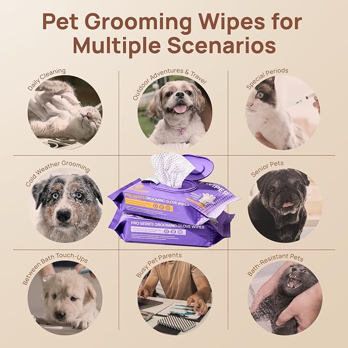 HICC PET Grooming Glove Wipes Pro Series for Dogs & Cats, Extra Thick Dual-Textured Grooming Wipes, Rinse-Free Shampoo Mittens for Quick Cleaning & Deodorizing, Spa-Like Care at Home,20PCS - Unscented