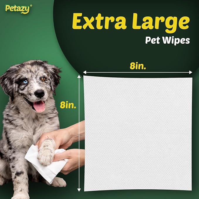 Petazy Pet Wipes for Dogs and Cats – 200 Count (8x8in) Hypoallergenic, Deodorizing Dog Wipes for Paws, Ears and Butt | XL with Aloe & Coconut Oil, Chamomile Scented | Travel Size, 2 On-the-Go Packs