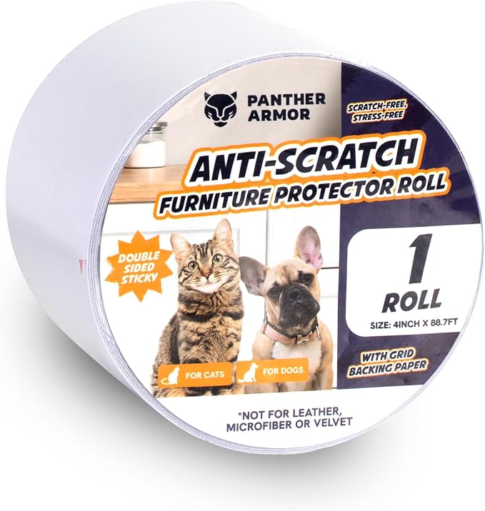 Panther Armor Anti Cat Scratch Furniture Protector, 1Pk Roll, Double Sided Sticky Cat Tape for Furniture, Furniture Scratch Guards for Cats, Cat Scratch Deterrent for Furniture, 4in x 88.5ft