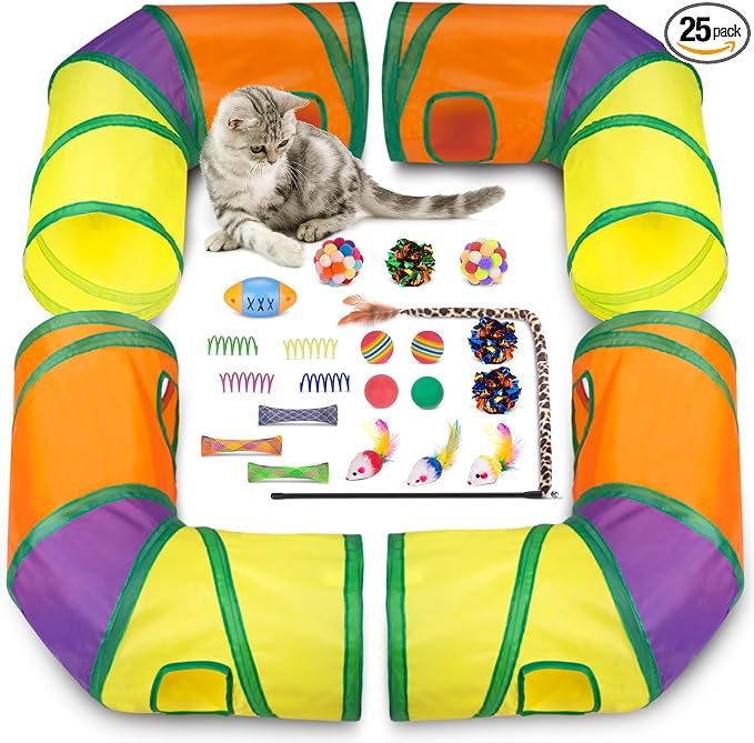 Retro Shaw Cat Toys Pack 25Pcs, Interactive Kitten Toys for Indoor Kittens Cats, Collapsible Kitty Play Tunnel Tent Feather Wand Balls Bell Springs Mouse Kitty Toys for All Breeds (4 Tunnel)
