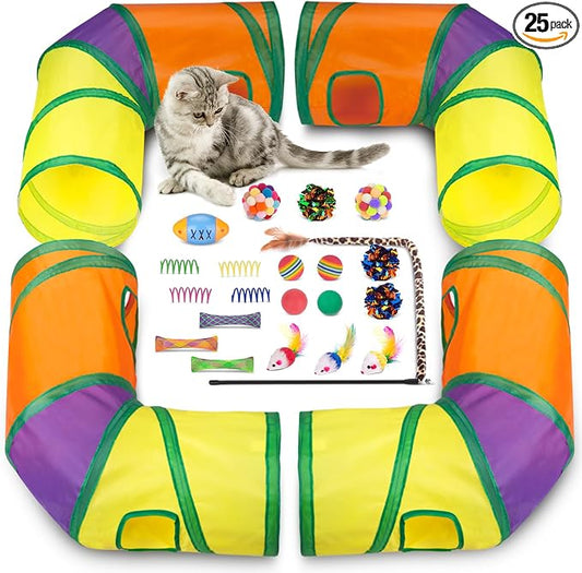Retro Shaw Cat Toys Pack 25Pcs, Interactive Kitten Toys for Indoor Kittens Cats, Collapsible Kitty Play Tunnel Tent Feather Wand Balls Bell Springs Mouse Kitty Toys for All Breeds (4 Tunnel)
