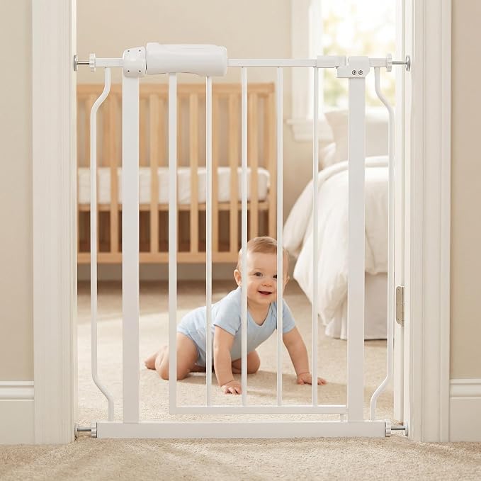 24-29 Inch Narrow Baby Gate, Small Pressure Mounted No Drilling Dog Gate for Stairs & Doorways, White Metal Safety Gate Indoor for Kids and Pets