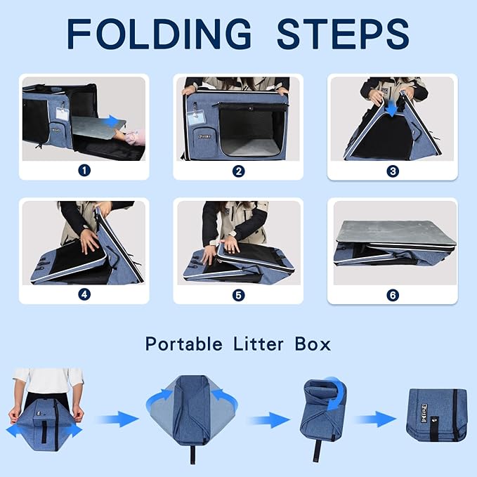 Petskd Extra Large Cat Carrier with Litter Box for Car Travel,24"x17"x17"Portable Soft-Sided Pet Carrier with Zipper Locks for Large Mudium Cats or 2 Small Cats Under 55LBS(Blue)