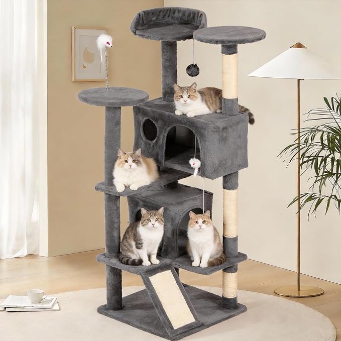 53-inch Cat Tree Tower for Indoor Cats,Cat Tree House Cat Furniture with Sisal Scratching Post,2 Cat Caves,Dangling Toys