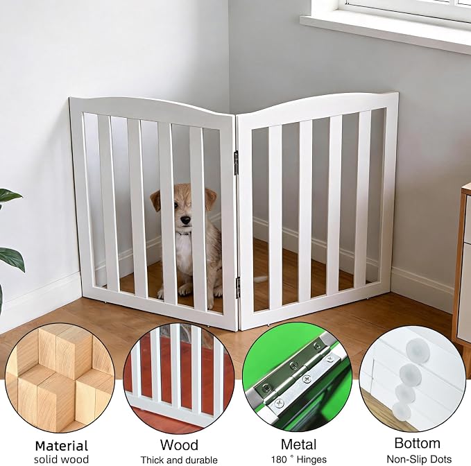 Freestanding Dog Gate Indoor,Doggie Gate Foldable Pet Gates for Doorways,Stairs or Hallways, Wooden White Pet Gate for the House, Pet Fence,32 "Height-2 Panels