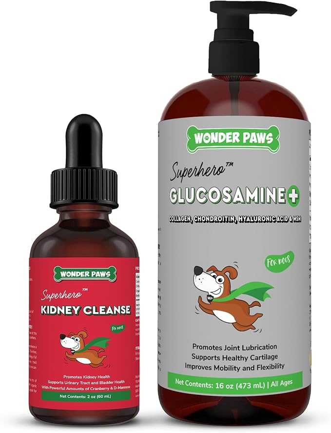 WONDER PAWS Kidney Cleanse Drops Plus Liquid Glucosamine Superhero Drops - for Dog's Kidney Health, Mobility, Joint Care & Immune Support – Kidney Cleanse 2 Ounces - Liquid Glucosamine 16 Ounces