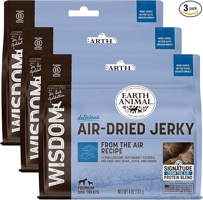 Earth Animal Wisdom Air Dried Jerky - from the Air Recipe Premium Natural Jerky Strips Dog Treats - 3 Pack 4 oz Bag