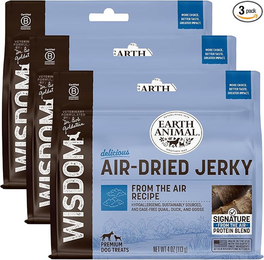 Earth Animal Wisdom Air Dried Jerky - from the Air Recipe Premium Natural Jerky Strips Dog Treats - 3 Pack 4 oz Bag