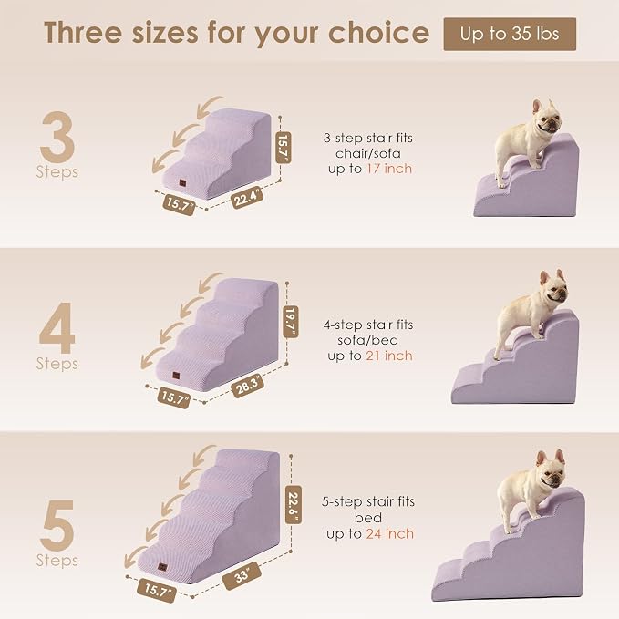EHEYCIGA Curved Dog Stairs Ramp for High Beds 19.7" H, 4-Step Dog Steps for Small Dogs and Cats, Pet Stairs for High Bed Climbing, Non-Slip Balanced Pet Step Indoor, Lilac