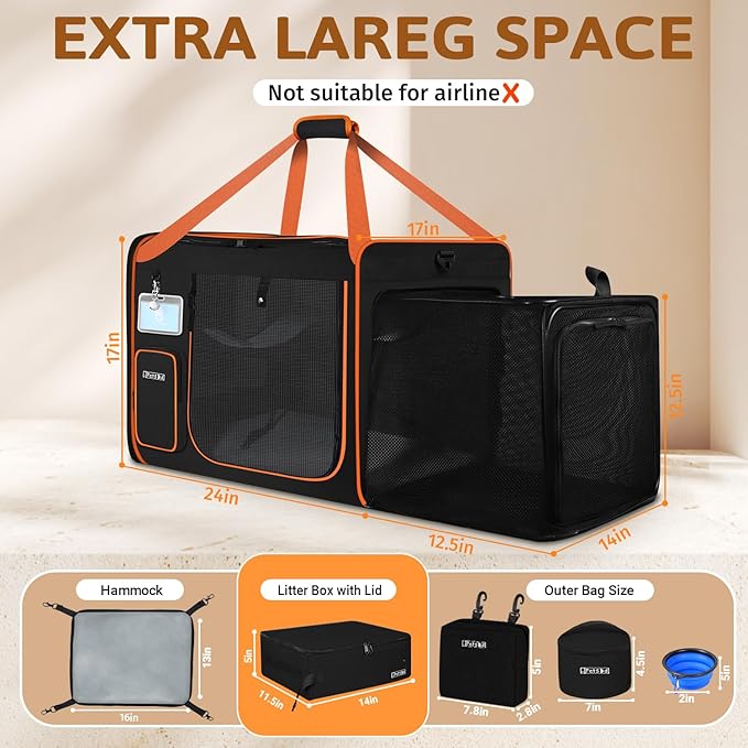 Petskd Side Expandable Extra Large Cat Carrier with Litter Box Area for Long Distance Car Travel,24"x17"x17" Collapsible Soft-Sided Large Pet Carrier with Zipper Locks for 2 Cats Under 55LBS(Black)
