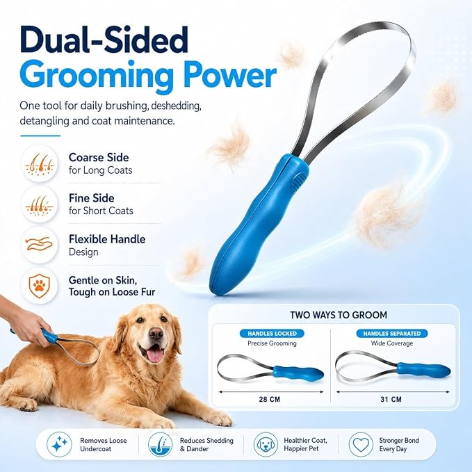 Dual Sided Shedding Blade for Cats, Dogs & Horses, Dog Deshedding Tool with Fine & Coarse Stainless Steel Teeth, Double Sided Shedding Blade for Short Long Thick Coats, Removes Loose Undercoat (#A)