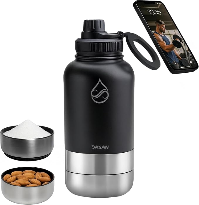 DASAN 32oz Gym Water Bottle with Phone Holder - Insulated Stainless Steel Magnetic Tripod, MagSafe Compatible, 2 Storage Bowls for Protein Powder, Vitamins & Dog Walks