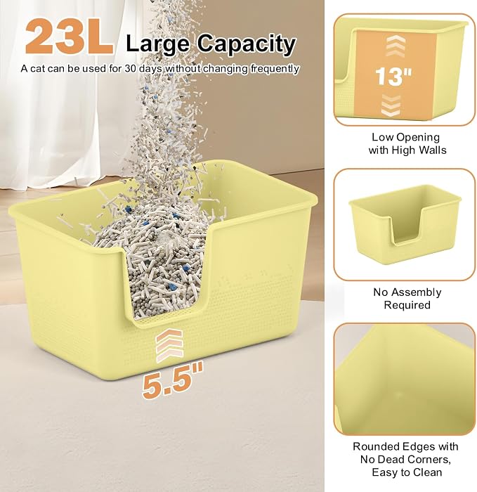 Cat Litter Box with High Sided,24.8" Lx14.9 Wx13.0 H,Extra Large Cat Litter Box for Big Cats,XL Jumbo Kitty Litter Box for Indoor Cats,Tool-Free Assembly (Yellow)