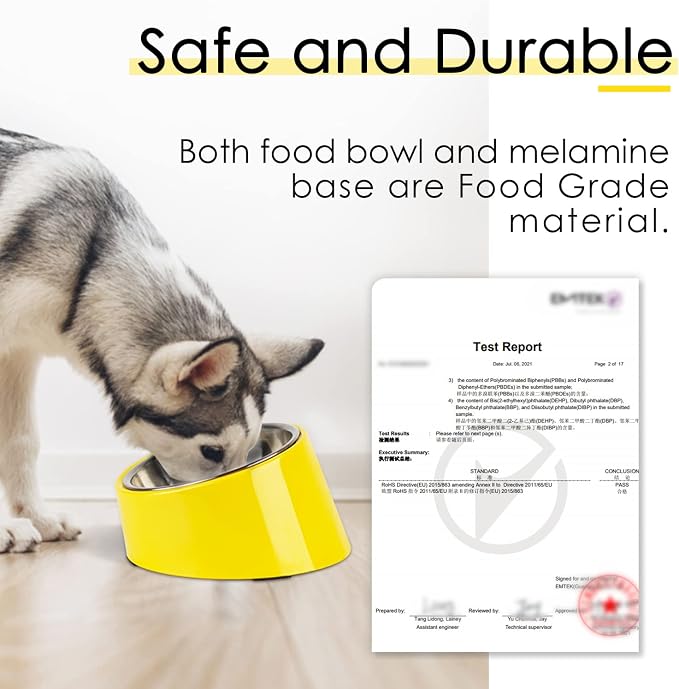 SuperDesign Mess Free 15° Slanted Bowl for Dogs and Cats, Tilted Angle Bulldog Bowl Dog Feeder, Non-Skid & Non-Spill, Easier to Reach Food S/0.5 Cup Bright Yellow