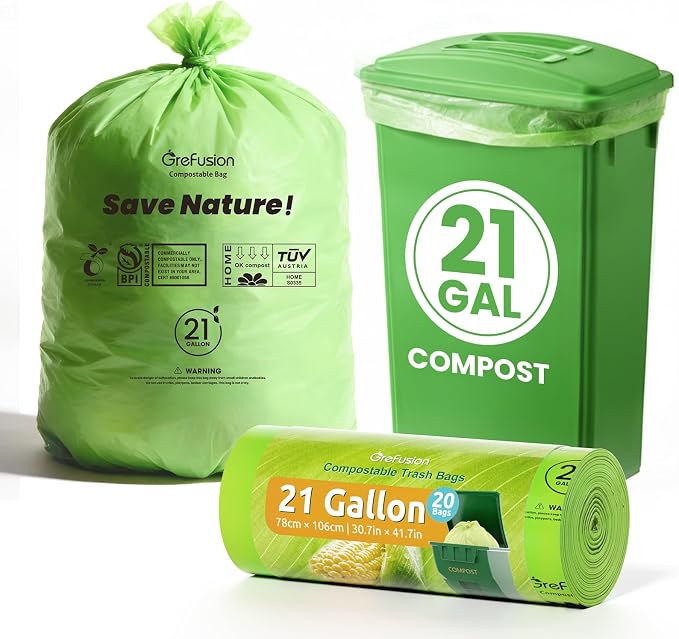GreFusion Compostable Trash Bags 21 gallon,20 Count,Extra Thick 1.28 Mills,Fits13-25 gallon trash can, Extra Strong and thick,Compostable Lawn & Leaf Yard Waste bags,ASTM D6400,Bpi Certified