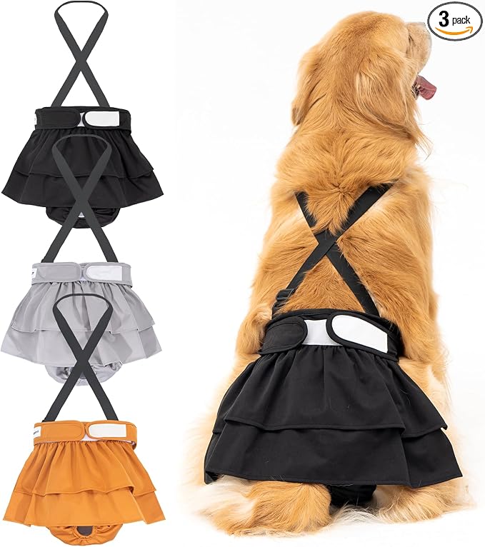 3 Pack Avont Washable Female Dog Diaper with Suspender, Reusable Girl Doggie Diapers for Small Medium Large Doggy in Heat Cycle Period Incontinence -L