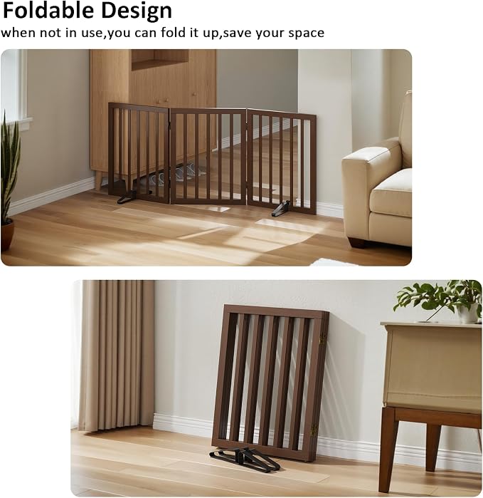 Wooden Dog Gate Freestanding Foldable 3 Panel Pet Gates Extra Wide Dog Gates for Indoor Doorways Stairs 24in Height Support Feet Included