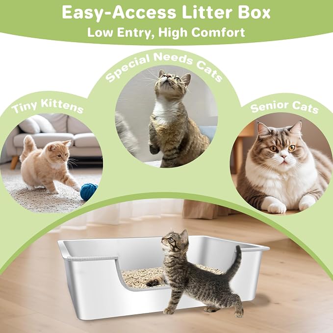 Low Entry Litter Box for Senior or Disabled & Injured Cats, Stainless Steel High Sided Enclosed Easy Step in Entry-Metal Kitty Litter Box for Kittens, Odor Control (19.7”x13.8”x5.9”)