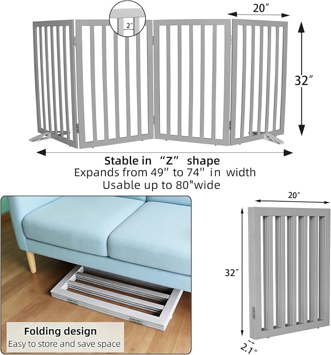Dog Gate Indoor, Freestanding Dog Fence for The House, Doorways, Hallways,or Stairs,Pet Gate Foldable Wooden,Expandable 32" Height 4 Panels,Grey