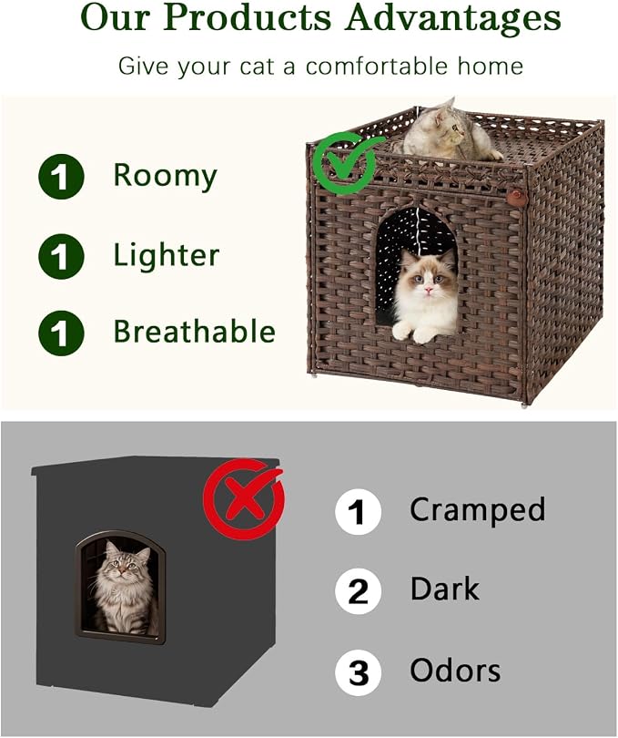 SETVSON Cat Litter Box Enclosure Furniture, Large Hidden Litter Box Furniture, Handwoven Rattan Cat House Cabinet, One Mat, Two S-Shaped Hooks, Living Room, Apartment 21.6 X 26 X 21.6 Inches, Brown
