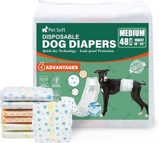Pet Soft Disposable Dog Dipaers - Male Dog Wraps Wetness Indicator, Ultra Absorbent Puppy Diapers Male for Excitable Urination or Incontinence, 48pcs Medium