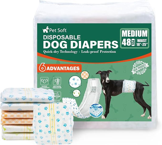Pet Soft Disposable Dog Dipaers - Male Dog Wraps Wetness Indicator, Ultra Absorbent Puppy Diapers Male for Excitable Urination or Incontinence, 48pcs Medium