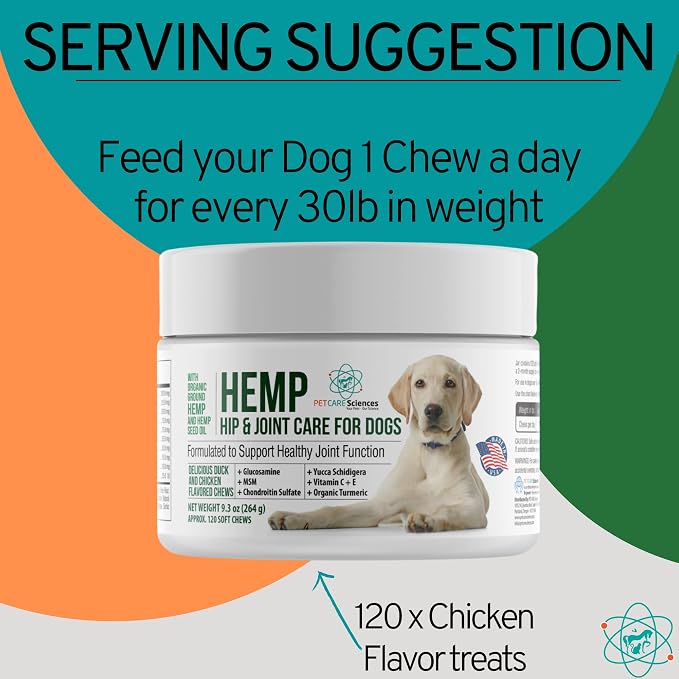 Hemp Dog Hip and Joint Supplement with Glucosamine Chondroitin MSM, Turmeric for Dogs, Calming Chew for Stress and Anxiety, 120 Soft Chews, Chicken Flavor, Made in USA