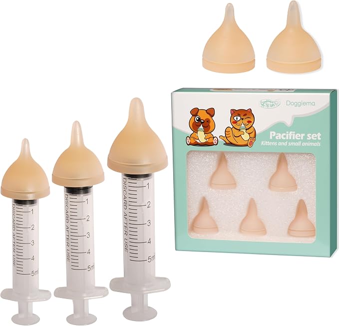 Doggiema Silicone Feeding Nipple and Syringes for Newborn Kittens, Puppies, Rabbits, Small Animals, Bubble Milk Bowl (3 Size Nipple+3 Syringes)