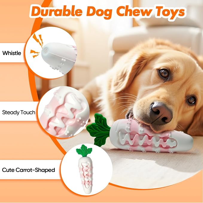 Indestructible Carrot Dog Toy for Aggressive Chewers - Tough Natural Rubber Chew Toy for Boredom, Interactive Treat Toy for Mental Stimulation - Durable Squeaky Toy for Small & Medium Dogs