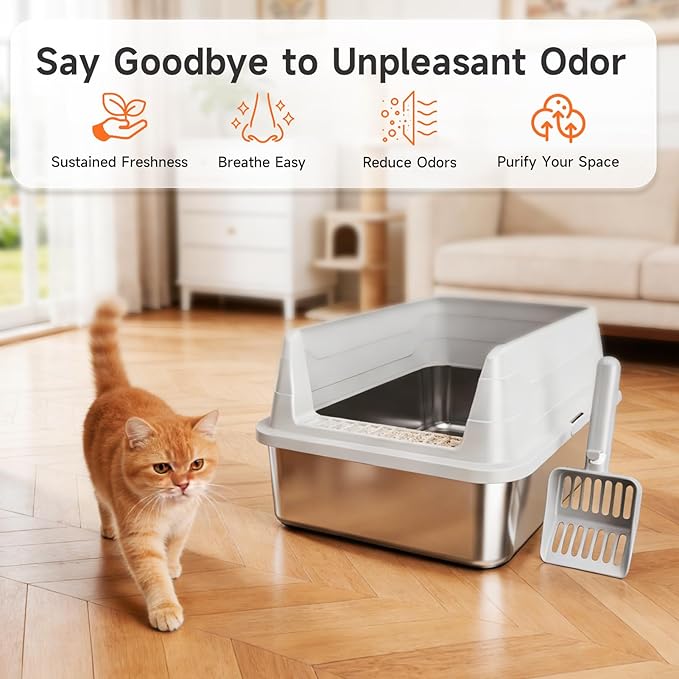 Stainless Steel Cat Litter Box for Small Cats, Odor Free Metal Litter Box with High Sides Lid, Open Top Low Entry Litter Pan Include Scoop Easy Cleaning Kitty Cat Box Anti-Urine Leakage, Non-Sticky