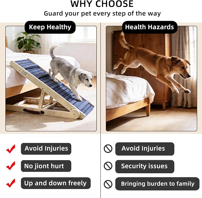 ZJSF Foldable Dog Ramp for High Bed, Wooden Dog Stairs to Bed for Small and Large Dogs, High Traction Platform with 4 Adjustable Heights (14.7"-20"), 32" L, Supports up to 200 lbs