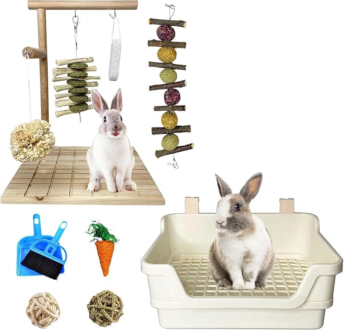 kathson Bunny Chew Toys for Teeth Grinding, Rabbit Wooden Scratch Board and Extra Large Rabbit Litter Box Trainer Rabbit Toilet