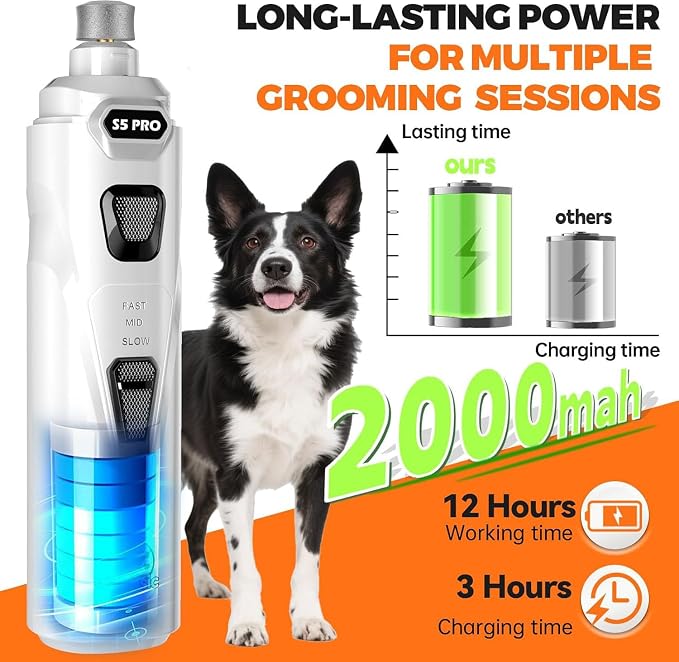 Whisper Quiet Dog Nail Grinder with 4 LED Lights, Safe & Stress-Free for Sensitive Dogs of All Breeds & Sizes, 3 Grinding Bits, 3-Speed, Pet Nail Trimmers, Rechargeable Painless Grooming Kit White