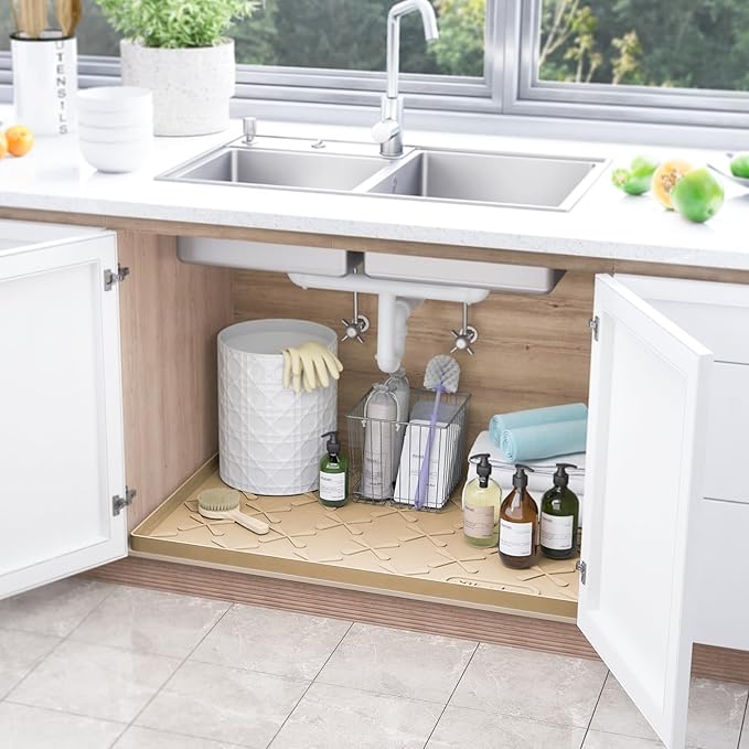 SIKADEER Waterproof Under Sink Mat 22x19, Raised Edge Silicone Mat Under Sink Shelf Liner, Sink Protector Kitchen Cabinet Tray for Bathroom Vanity and Small Cabinets, Cat Food Mat