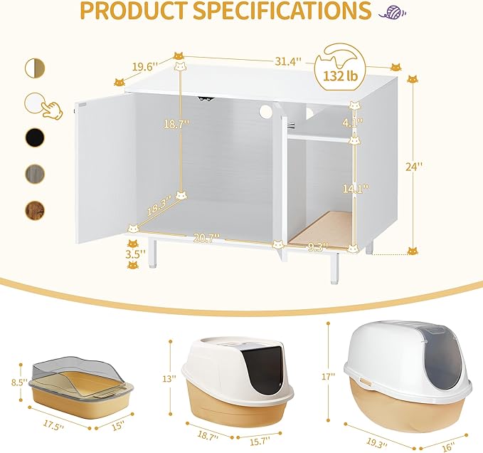 Hzuaneri Cat Litter Box Enclosure,Hidden Litter Box Furniture with Storage, Large Wooden Cabinet with Sisal Mat, Modern Cat Washroom for Living Room, Bedroom, Entryway, White CB01513W