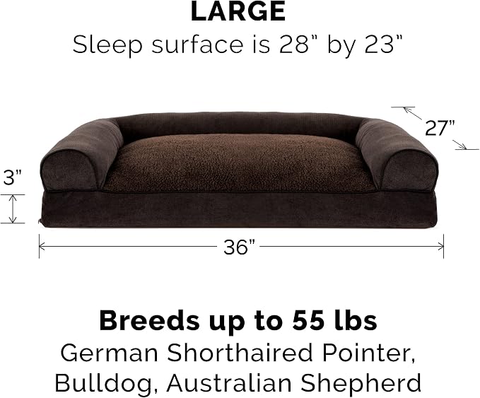 Furhaven Pillow Dog Bed for Large/Medium Dogs w/ Removable Bolsters & Washable Cover - Sherpa & Chenille Sofa - Coffee, Large