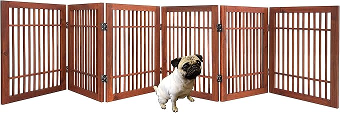 Urnporium Freestanding Wooden Dog Gate Foldable Indoor Pet Gate No Drill Expandable Barrier for Doorways Stairs Hallways Portable Wood Fence for Small Dogs & Puppies (Brown Pet Gate, 6 Panel 24" Tall)