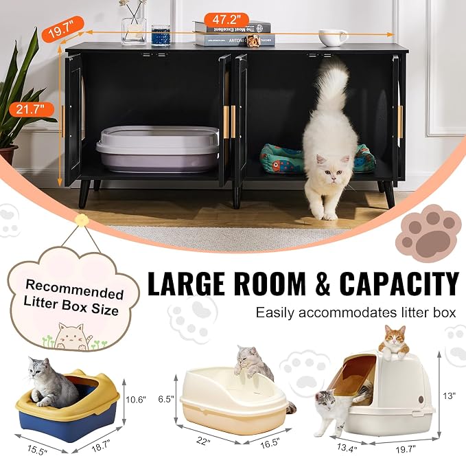 VEVOR Cat Litter Box Enclosure for 2 Cats, Litter Box Furniture Hidden with Double Rooms, Wooden Cat Box Cabinet Fit Most of Litter Box