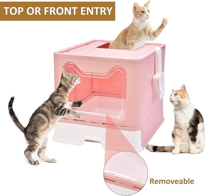 Cat Litter Box Foldable Portable Cat Litter Pan with Lid,Top Entry Litter Box Large Covered Cat Litter Box for Travel with Cat Litter Scoop,Brush and Garbage Bag
