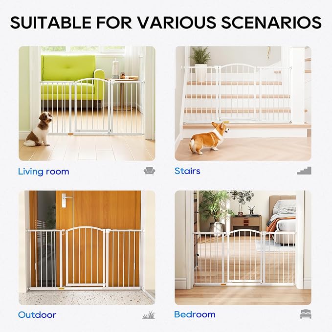 FDW 27” Tall Arched Extra-Wide Pet Gate,Adjustable 28”-51” Openings Walk-Through Metal Safety Gate for Indoor Stairs & Doorways, White