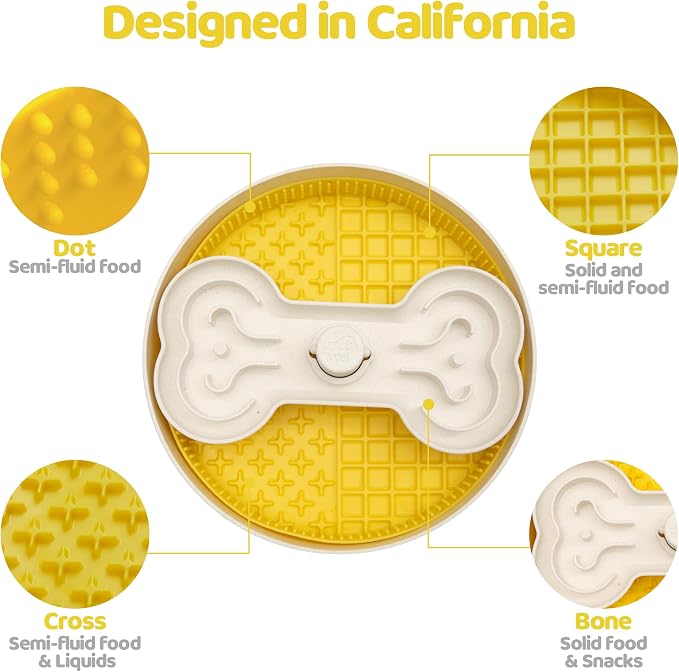 Puzzle Feeder Slow Feeder Dog Bowl with Lick Mat and Puzzle Inserts - Non-Slip Base, Adjustable Speed Design, Dishwasher Safe for Large Dogs,Yellow