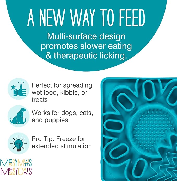 Messy Mutts and Cats Framed Silicone Multi-Surface Lick Mat | 9.5” x 9.5“ | Slow Feeder Mat for Boredom & Anxiety | Interactive Lick Pad for Dogs and Cats | Blue