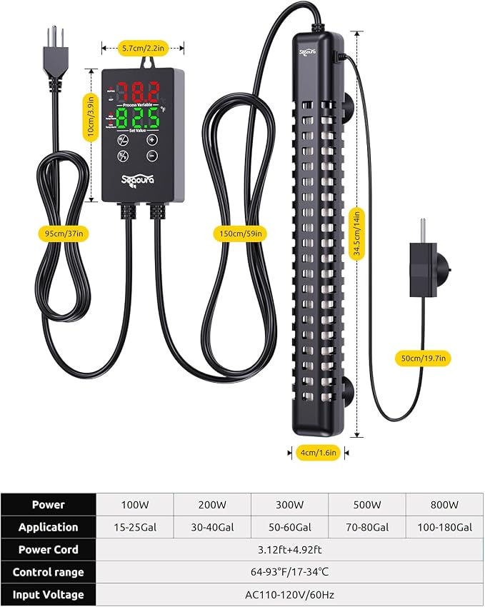 SEAOURA Aquarium Heater, 800W Fish Tank Heater for 100-180 Gallon, Submersible Heater for Aquarium with Over-Temperature Protection, Adjustable Intelligent Controller Auto Power-Off