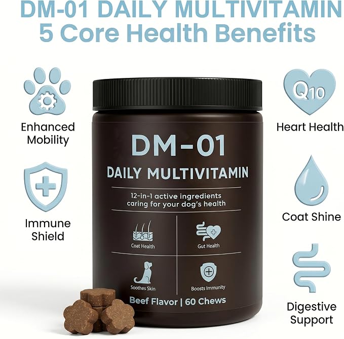 DM-01 Daily Multivitamin, Multivitamin Itch Relief Chews for Dog, with Folic Acid, Salmon Oil, Chondroitin & Natural Vitamins, Skin and Coat Healthy, Digestive & Boost Immunity, 60 Chews (Beef)