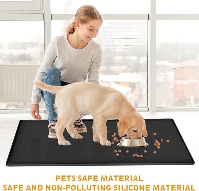 Extra Large Silicone Dog Food Mat 33.9"x21.9" – 0.27" Raised Edge Waterproof Pet Feeding Mat, Non-Slip Placemat for Multiple Bowls, Auto Feeders, Cat Fountains, Dishwasher Safe (Black/Gray)