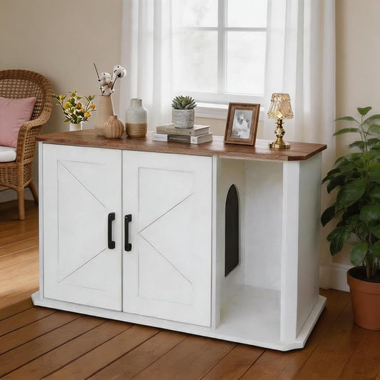 Modern Wooden Cat Litter Box Enclosure, Hidden Washroom Cabinet with Double Doors and Side Entry, Large Cat House End Table, Easy-Clean Sturdy Furniture