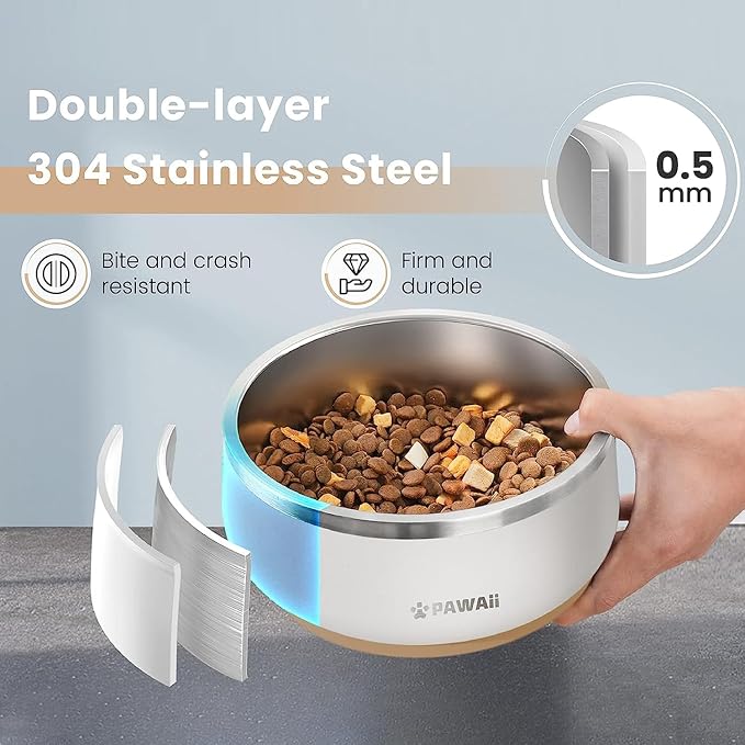 Pawaii Dog Bowl, 34 oz Double-Wall Stainless Steel Food and Water Bowl, Non-Slip Rubber Base, Dishwasher Safe, ID Tag Included, (1 Pack)