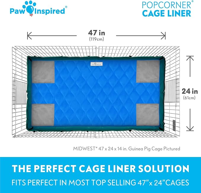 Paw Inspired PopCorner Guinea Pig Cage Liners | Washable Fleece Bedding or Pet Bed Mat for Small Animals | Super Absorbent Pee Pad with Reinforced Corners and Waterproof Bottom (Midwest, Blue)